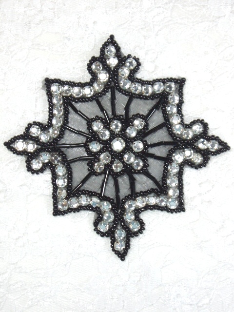 0260  Clear Jewel Black Beaded  Rhinestone  Applique 4"