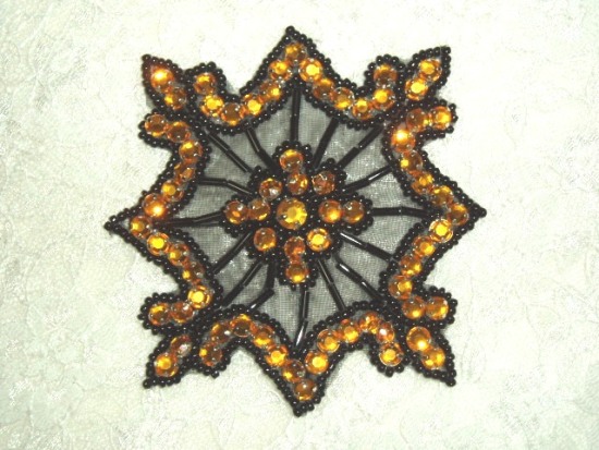 0260  Gold Jewel Black Beaded Rhinestone   Applique 4"-gold,black,snowflake,jewel,rhinestone,beaded,applique,embellishment