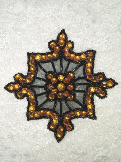 0260  Gold Jewel Black Beaded Rhinestone   Applique 4"-gold,black,snowflake,jewel,rhinestone,beaded,applique,embellishment