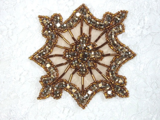 0260  Bronze Jewel Bronze Beaded Rhinestone Applique 4"
