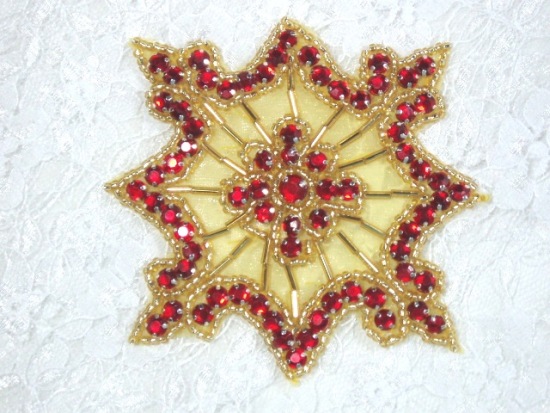 0260  Red Jewel Gold Beaded Rhinestone Applique 4"-red,gold,snowflake,jewel,rhinestone,beaded,applique,embellishment