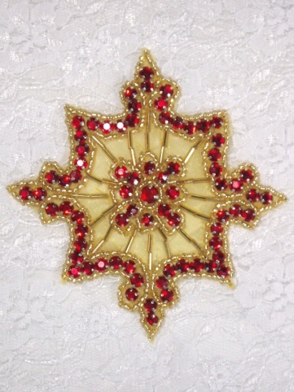 0260  Red Jewel Gold Beaded Rhinestone Applique 4"-red,gold,snowflake,jewel,rhinestone,beaded,applique,embellishment