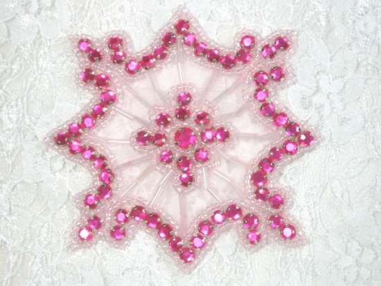 0260  Hot Pink Jewel Pink Beaded Rhinestone Applique 4"-hot,pink,snowflake,jewel,rhinestone,beaded,applique,embellishment
