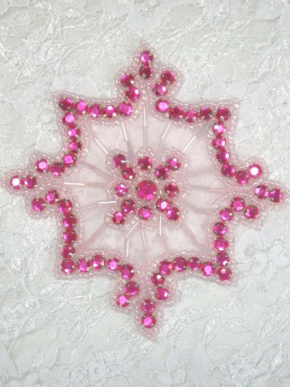 0260  Hot Pink Jewel Pink Beaded Rhinestone Applique 4"-hot,pink,snowflake,jewel,rhinestone,beaded,applique,embellishment