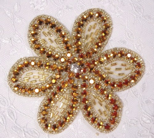 K8270 Gold Rhinestone Flower Beaded Applique 3.75"