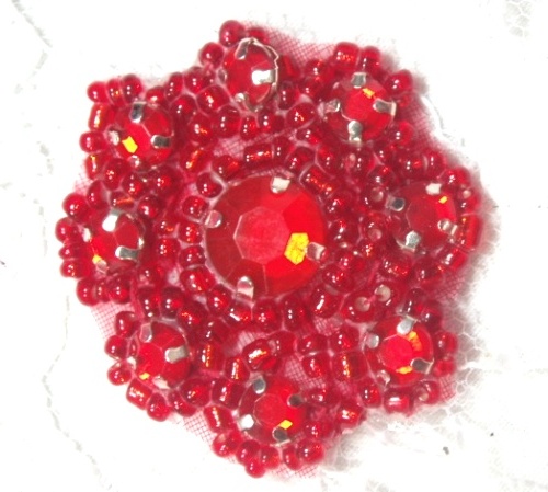 A0474A  Red Rhinestone Jewel Floral Applique 1.25"