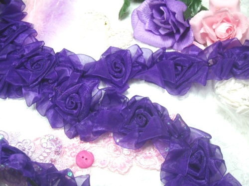 L28  Purple Organza Floral Sewing Trim 2.5"-purple,organza,trim,stretchy,flower,floral,sewing