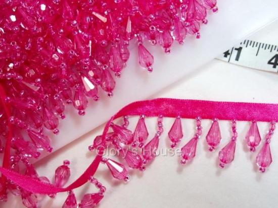 E1670 Fuchsia Teardrop Beaded Fringe Sewing Trim 1"