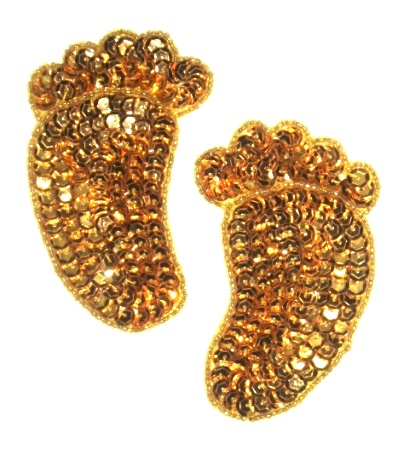 E923  Gold Feet Sequin Beaded Applique 3.5" Mirror Pair