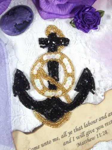 EA6  Black Anchor Sequin Beaded Applique 4"