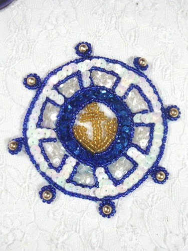 EA7 Captain Wheel Anchor Sequin Beaded Applique 3.75"-blue,captain,wheel,nautical,anchor,sequin,beaded,applique,motif, 