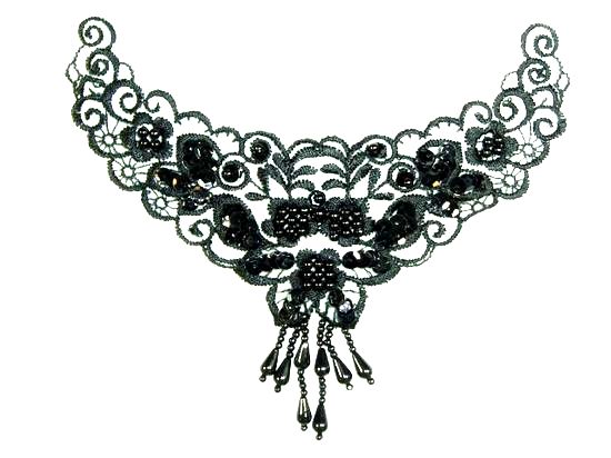 F36  Black Venise Lace Sequin Beaded Applique 6.5"-sequin,beaded,beads,sequins,motif,applique,heart,black,mirror,pair,left,right,venise,lace,venice,floral,flower