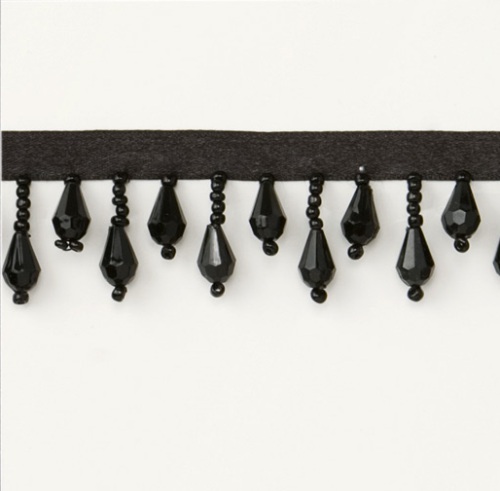 E1670 Black Teardrop Beaded Fringe Sewing Trim 1"
