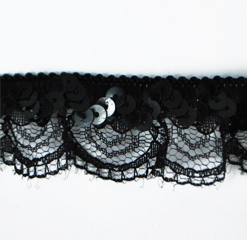 E6186  Black Lace Scallop Sequin Stretch Trim 1"