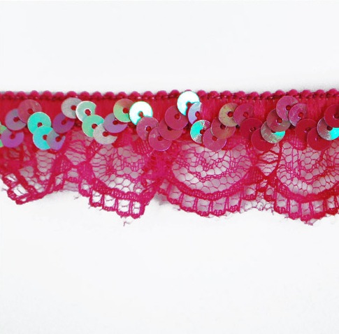 E6186  Fuchsia Lace Scallop Sequin Stretch Trim 1"