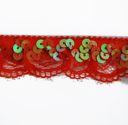 E6186  Red Lace Scallop Sequin Stretch Trim 1"