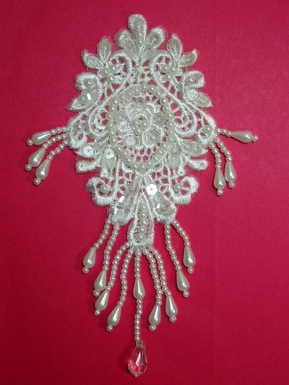 0133  Ivory Venise Lace Sequin Beaded Victorian Applique 6.5"