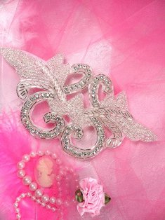 JB1 Crystal Clear Rhinestone Silver Beaded Applique 6.5"