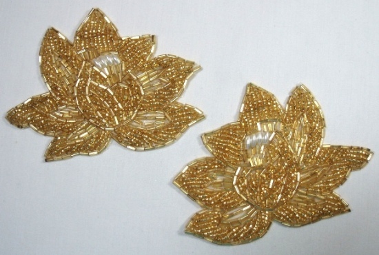 K8123 Gold Rose Mirror Pair Beaded Appliques 4.25"-gold,rose,mirror,pair,bead,beaded,applique