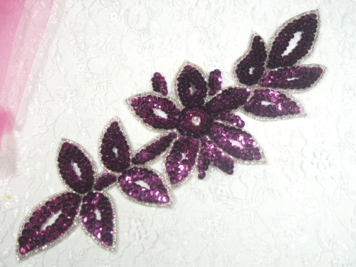 K8383 Purple Wine Rhinestone Floral Vine Sequin Beaded Applique  11"