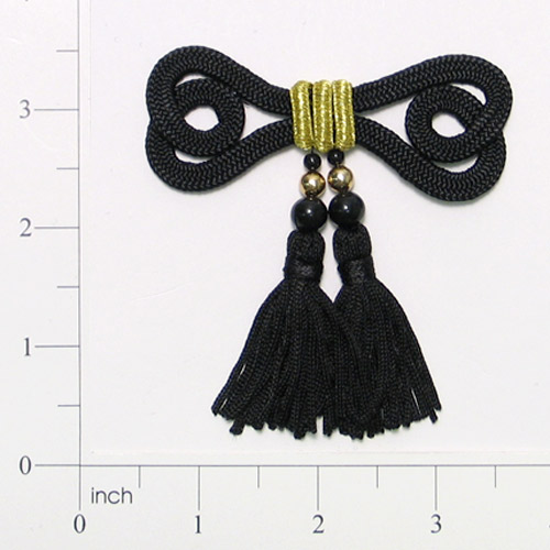 E1248  Black Gold Bow Frog Button Tassel 3.25"