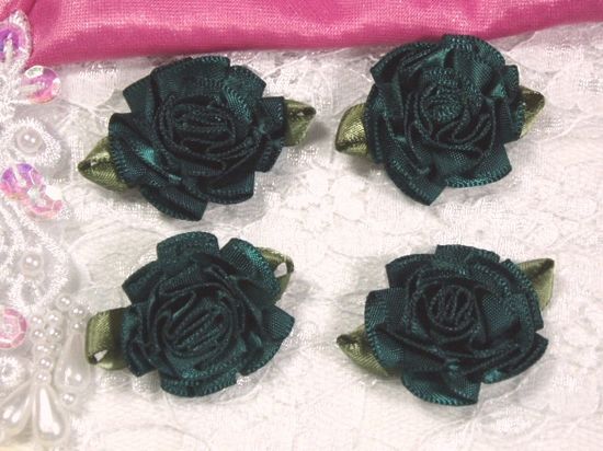 L22  Lot of 4 Hunter Green Floral Rose Flower Appliques 1.5"-hunter,green,flower,floral,rose,lot,applique,embellishment,motif 