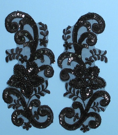E2716  Black AB Aurora Borealis Venise Lace Mirror Pair Sequin Appliques