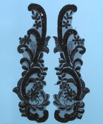 E2720  Black Venice Lace Pair Sequin Beaded Appliques