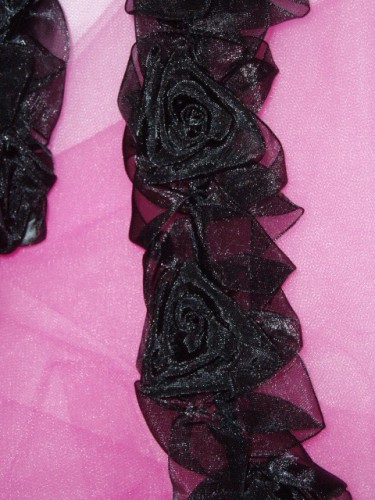 L28  Black Organza Floral Sewing Trim 2.5"-black,organza,trim,stretchy,flower,floral,sewing