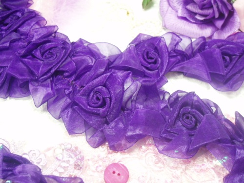 L28  Purple Organza Floral Sewing Trim 2.5"-purple,organza,trim,stretchy,flower,floral,sewing