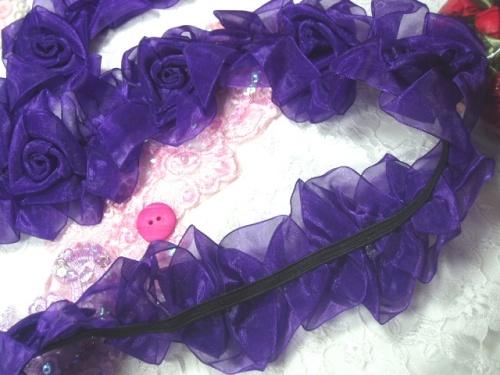 L28  Purple Organza Floral Sewing Trim 2.5"-purple,organza,trim,stretchy,flower,floral,sewing