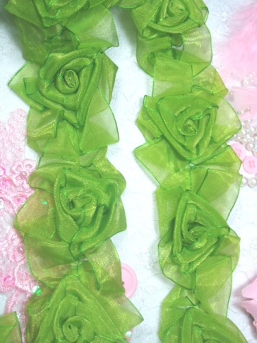L28  Lime Green Organza Floral Sewing Trim 2.5"