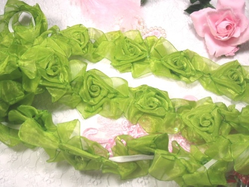 L28  Lime Green Organza Floral Sewing Trim 2.5"