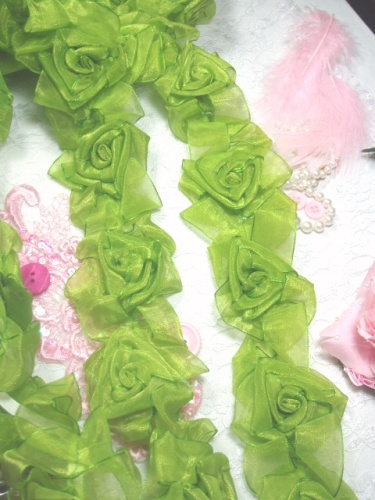 L28  Lime Green Organza Floral Sewing Trim 2.5"