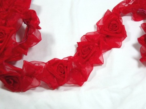 L28  Red Organza Floral Sewing Trim 2.5"-red,organza,trim,stretchy,flower,floral,sewing
