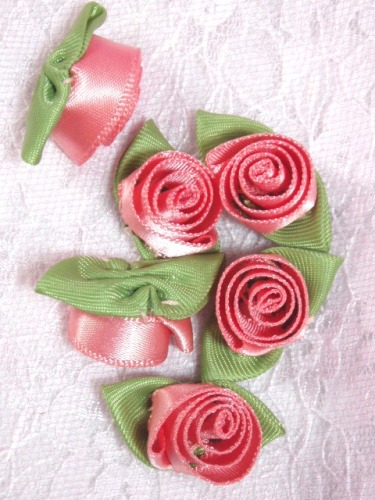 L51  Set of ( 6 ) Pink Peach Ribbon Rose Flower Appliques