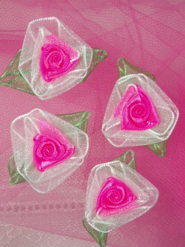 L53  Set of ( 4 ) Hot Pink Ribbon Roses 1.5"-organza,ribbon,rose,appliques,hot,pink