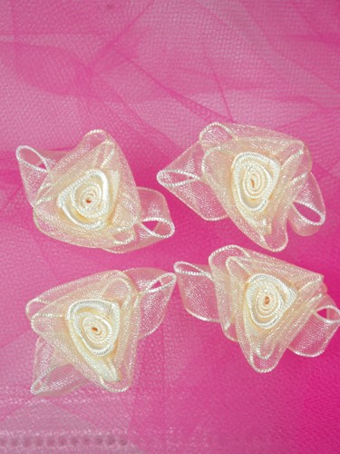 L53  Set of ( 4 ) Ivory Ribbon Roses 1.5"