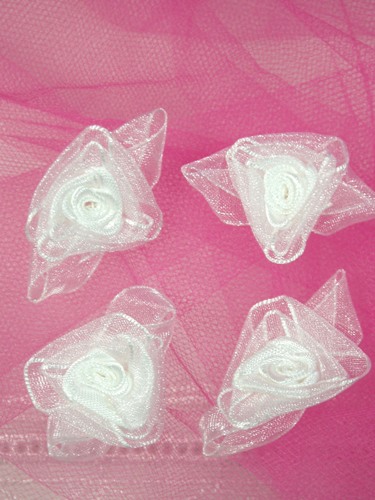 L53  Set of ( 4 ) White Ribbon Roses 1.5"