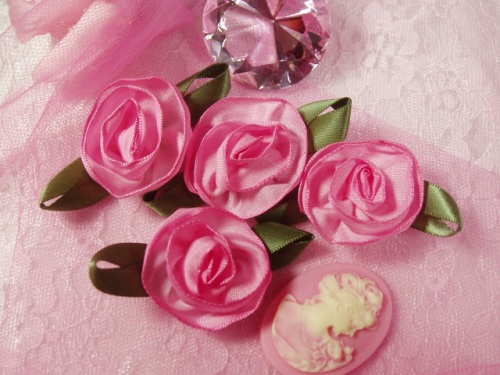 L60 Set of ( 4 ) Pink Ribbon Rose Flower Appliques 2.5"-ribbon,rose,applique,pink,flower,floral