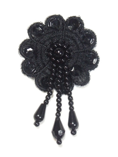 F12  Black Floral Lace Dangle Sequin Beaded Applique 2.5"
