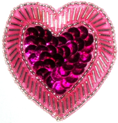 LC353  Fuchsia Heart Sequin Beaded Applique  2.25"-applique,beaded,fuchsia,heart,sequin