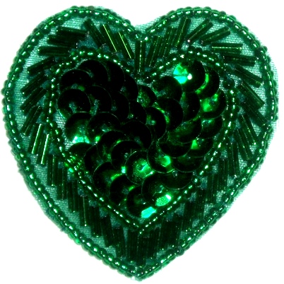 LC353  Green Heart Sequin Beaded Applique  2.25"-applique,beaded,green,heart,sequin