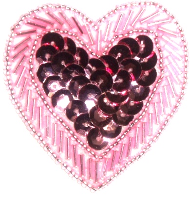 LC353  Mauve Heart Sequin Beaded Applique  2.25"