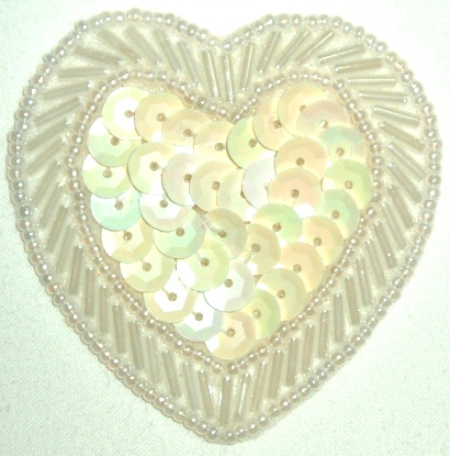 LC353  White AB Heart Sequin Beaded Applique  2.25"