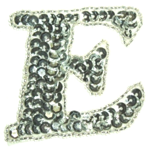 LC530  Silver Letter ( E ) Sequin Beaded Applique 2.25"