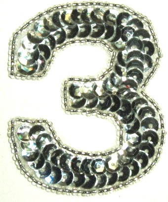 LC531 Silver Number ( 3 ) Sequin Beaded Applique 2.25"