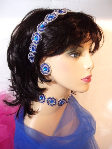 0379  Blue Silver Rhinestone Round Beaded Appliques or Trim 1.25"