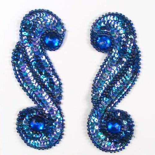 E3424  Blue Mirror Pair Sequin Beaded Appliques  5.25"