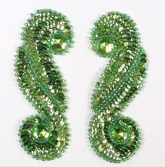 E3424  Green Mirror Pair Sequin Beaded Appliques  5.25"